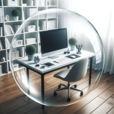 Office insurance - a desk enclosed in a protective bubble